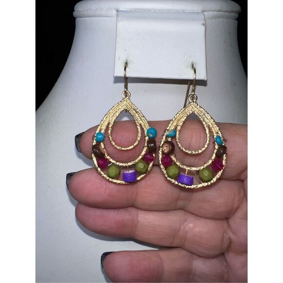 Boho Gold Tone and Beaded Teardrop Dangle Earrings - Picture 3 of 8